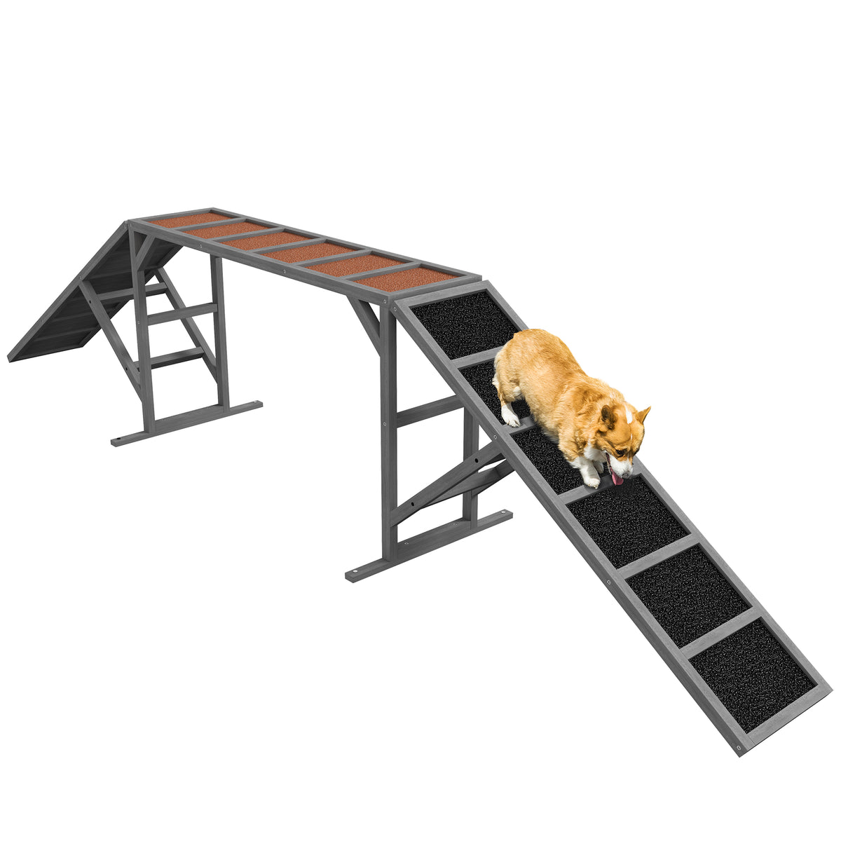 PawHut Hundehindernisrampe, Hundeausrüstung für Agilität, Sicherheitsstangen rutschfeste Oberfläche 325x55x69cm Grau
