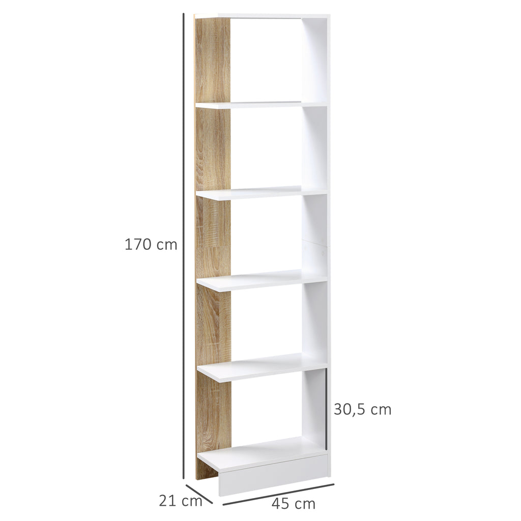 HOMCOM Standregal Bücherregal 5-stufiges Büroregal Lagerregal Aktenregal Küchenregal Spanplatte Eiche+Weiß 45 x 21 x 170 cm