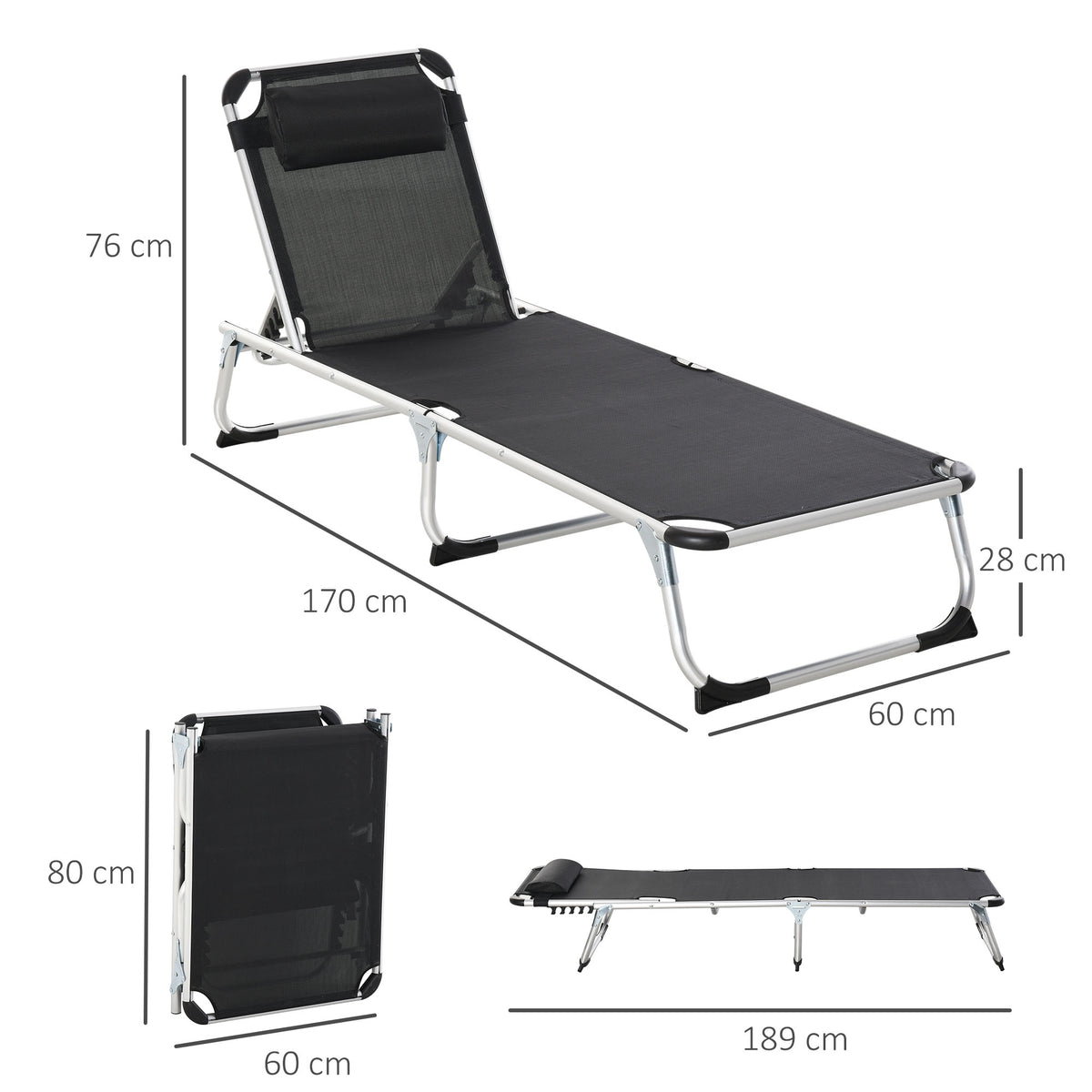 Outsunny Sonnenliege faltbar Gartenliege mit Kopfkissen Liegestuhl mit der 4-stufig verstellbaren Rückenlehne Campingliege bis 120 kg belastbar für Outdoor-Park, Garten, Schwarz