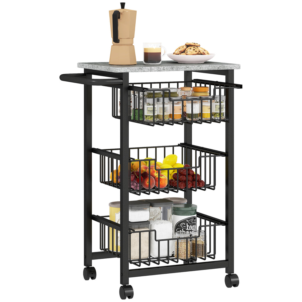 HOMCOM Küchenwagen mit 3 Körben und Griff, aus Stahl und Holz, 49,5x31x69 cm, Schwarz und Hellgrau