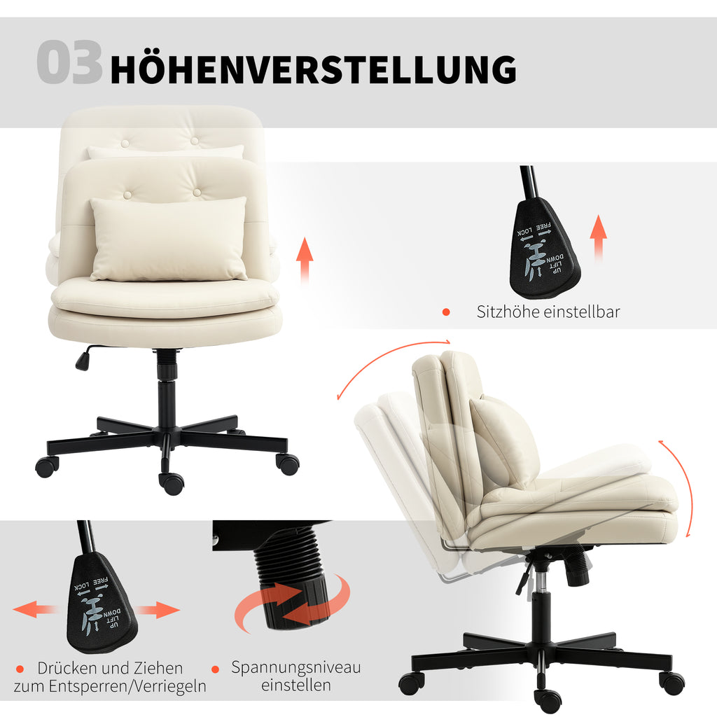 HOMCOM Armloser Bürostuhl mit Kunstleder-Bezug, Schreibtischstuhl mit Rollen, Extra-Kissen, höhenverstellbar, rollbar, Beige
