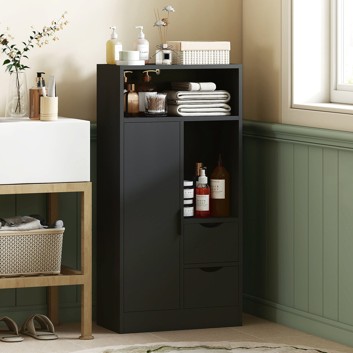 HOMCOM Badezimmerschrank mit 2 Schubladen Offenes Fach und Verstellbare Regale für Kleinen Raum 50x25x100 cm Weiß