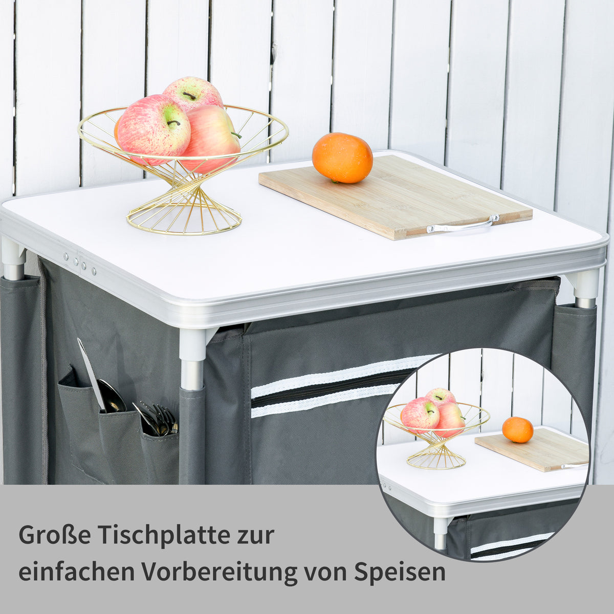 Outsunny Campingschrank faltbar Küchenbox tragbar mit Arbeitsplatte Tragetasche 3 Ablagen 600D Oxford Stoff Grau 60 x 50 x 104,5 cm