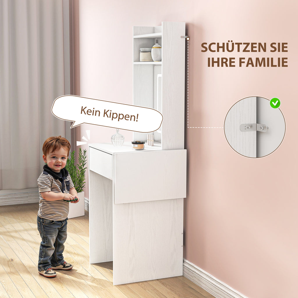 HOMCOM Kompakter Schminktisch mit Spiegel und LED-Beleuchtung, klappbare Tischplatte, offenere Regale, Schublade, MDF, Weiß