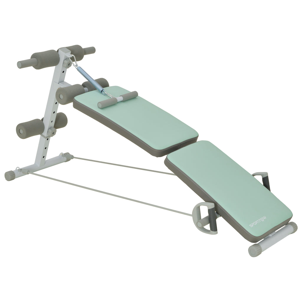 SPORTNOW Trainingsbank, Bauchtrainer, höhenverstellbar, klappbar, 2 Widerstandsbänder, Stahl, grün, 51 x 137 x 50-66 cm