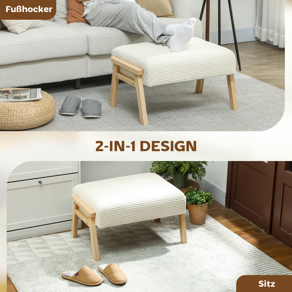 HOMCOM Sitzhocker Hocker mit weichem Sitzkissen Holzbeinen Fußhocker mit Cordoptik Cremeweiß