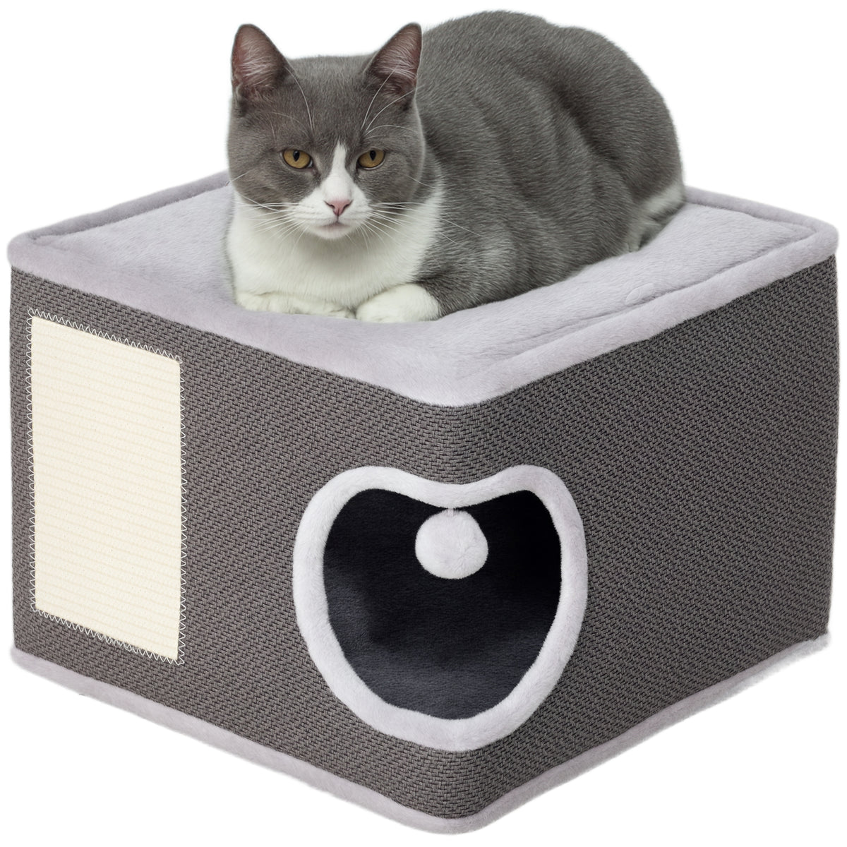 PawHut Katzenhaus mit 2 Kissen, Bett, Höhle, Kratzmatte, Spielball, kleiner Kratzbaum, Grau