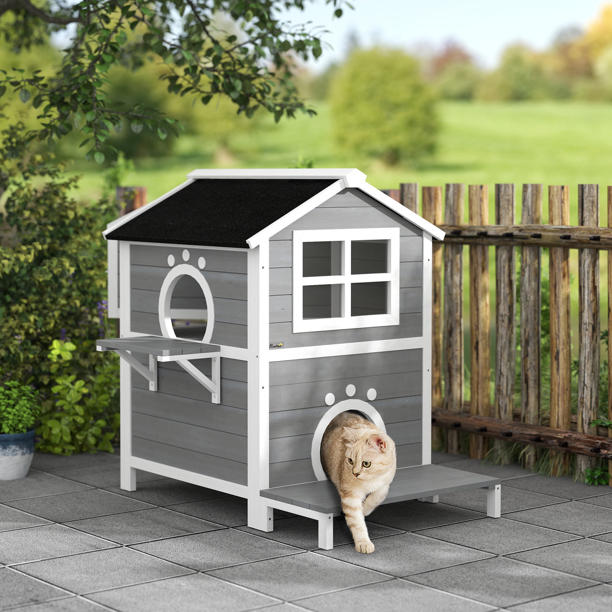 PawHut Outdoor-Katzenhaus mit wetterfestem Dach, Fenster, Balkon, herausnehmbarem Boden, 2 Ebenen, für 1-2 Katzen, Grau
