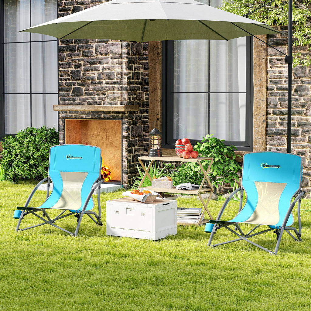 Outsunny Set mit 2 faltbaren Strandstühlen, leichte Campingklappstühle mit Transporttasche und Getränkehalter, 58 x 55 x 62 cm, blau