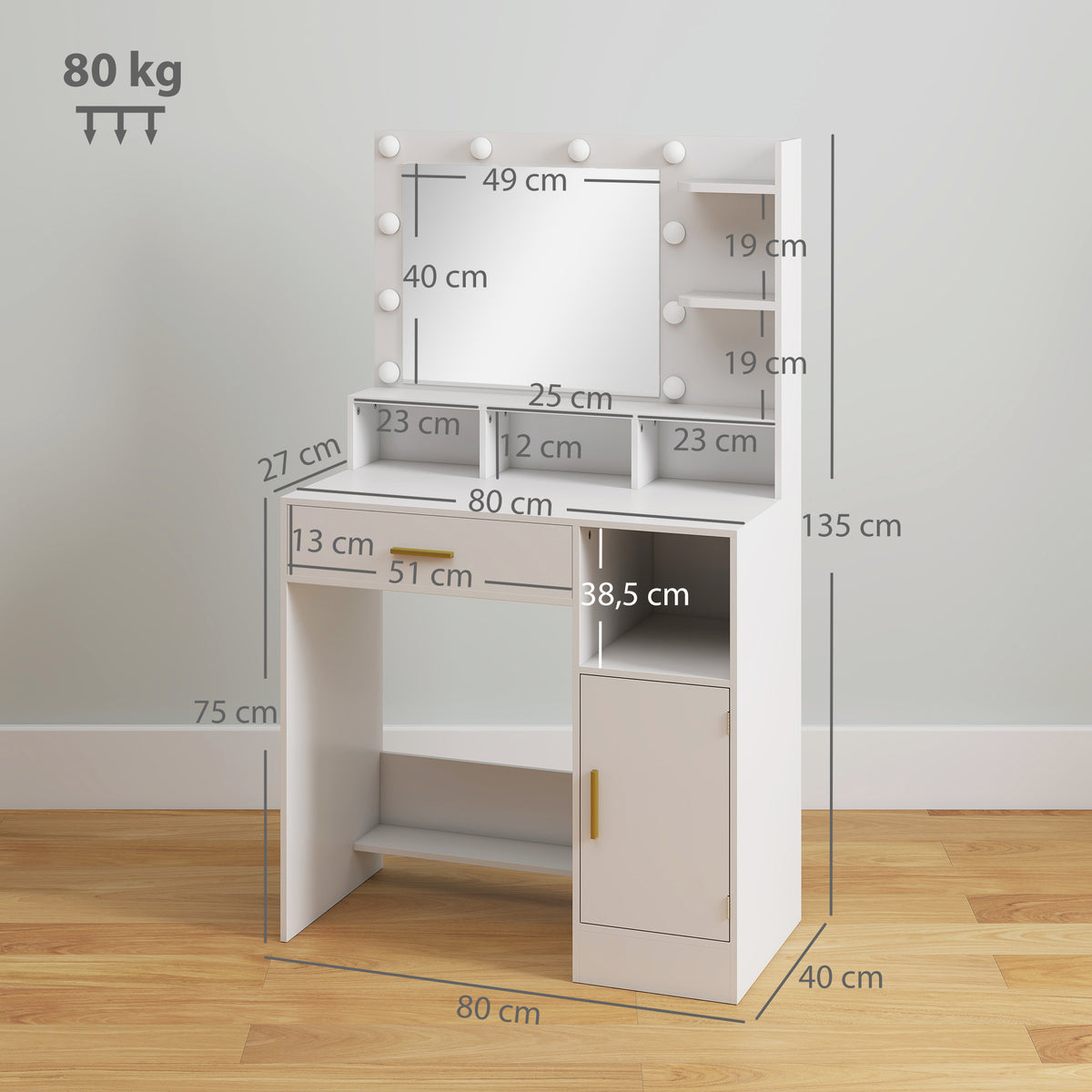 HOMCOM Frisiertisch mit LED-Spiegel und 10 Lichtern, dimmbar, Schublade, Schrank und offene Regale, 80x40x135cm, weiß
