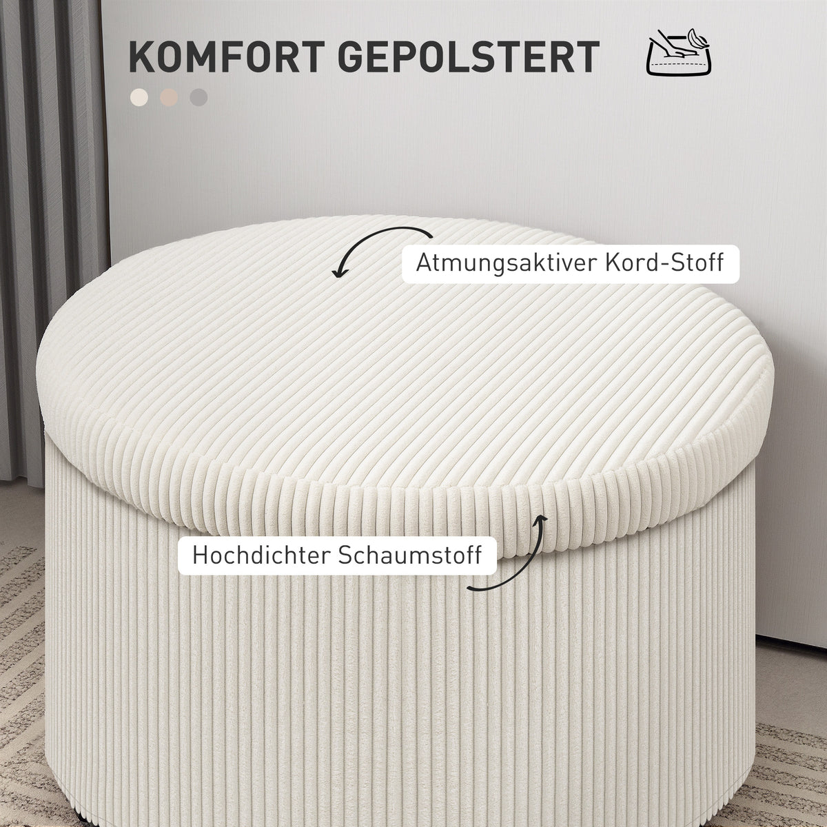 HOMCOM Fußhocker mit 97 L Stauraum, Cordstoff, Schaumstoff, Sitzhocker, Beige