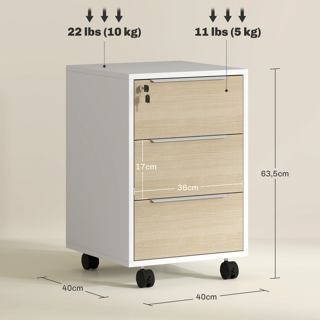 HOMCOM Rollcontainer mit 3 Schubladen und Schloss, Büromöbel auf Rollen, 40 x 40 x 63,5 cm, Eiche