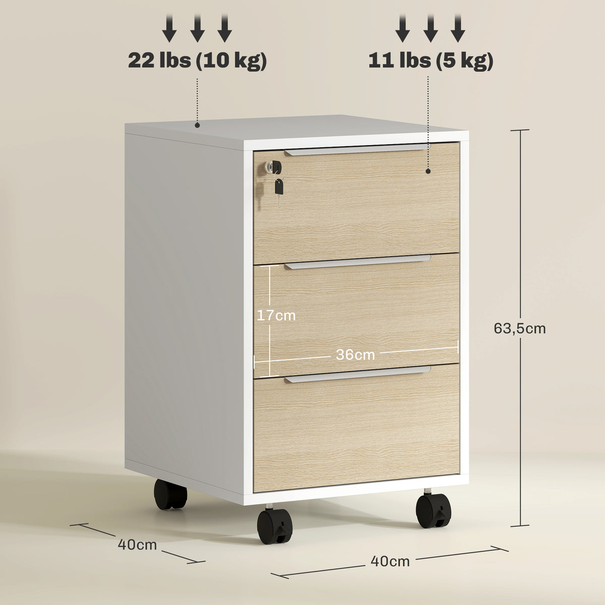 HOMCOM Rollcontainer mit 3 Schubladen und Schloss, Büromöbel auf Rollen, 40 x 40 x 63,5 cm, Eiche