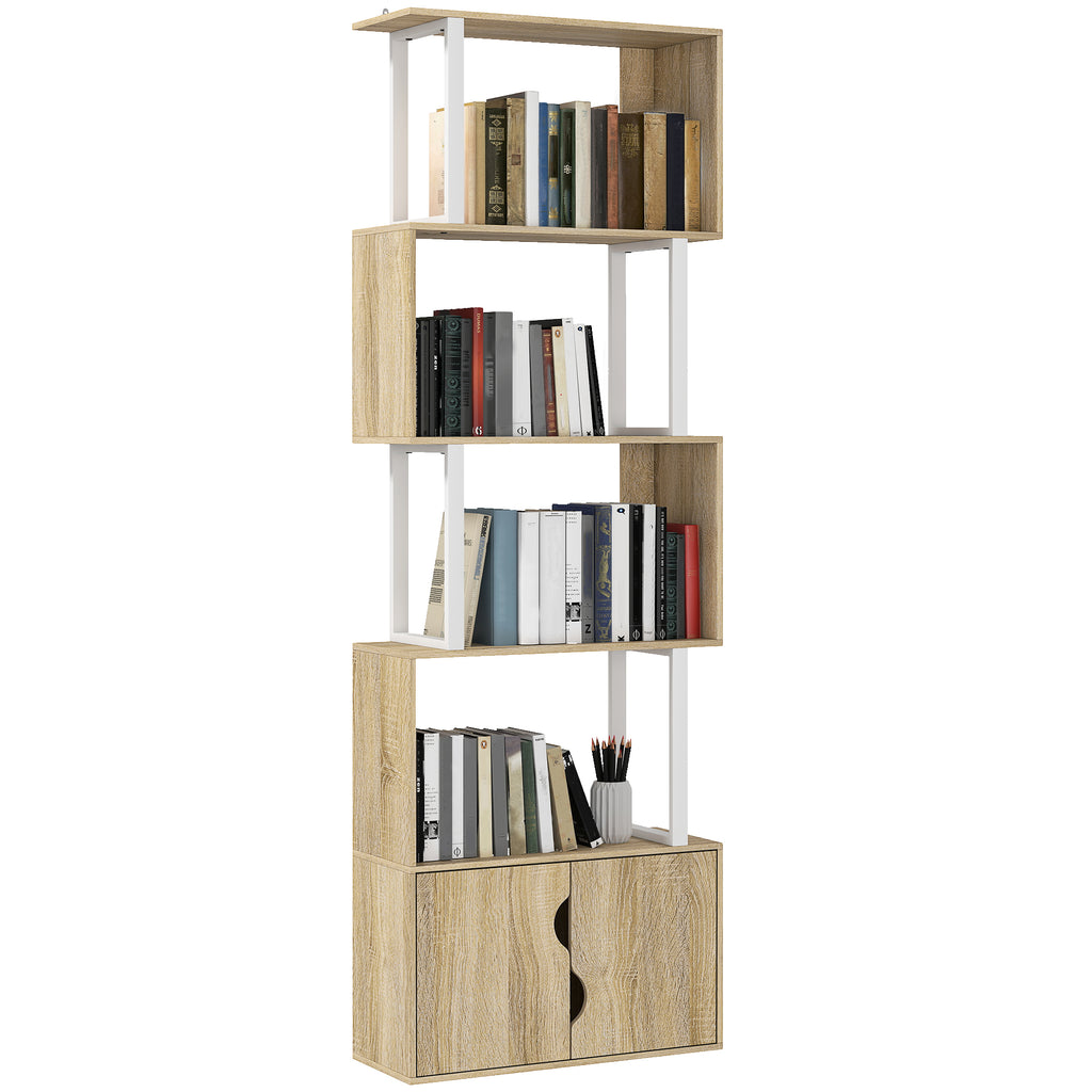 HOMCOM Bücherregal mit 5 Ebenen, Aufbewahrungsregal mit Regalen und doppelter Schranktür, 60 x 23,8 x 179,2 cm, Naturholz