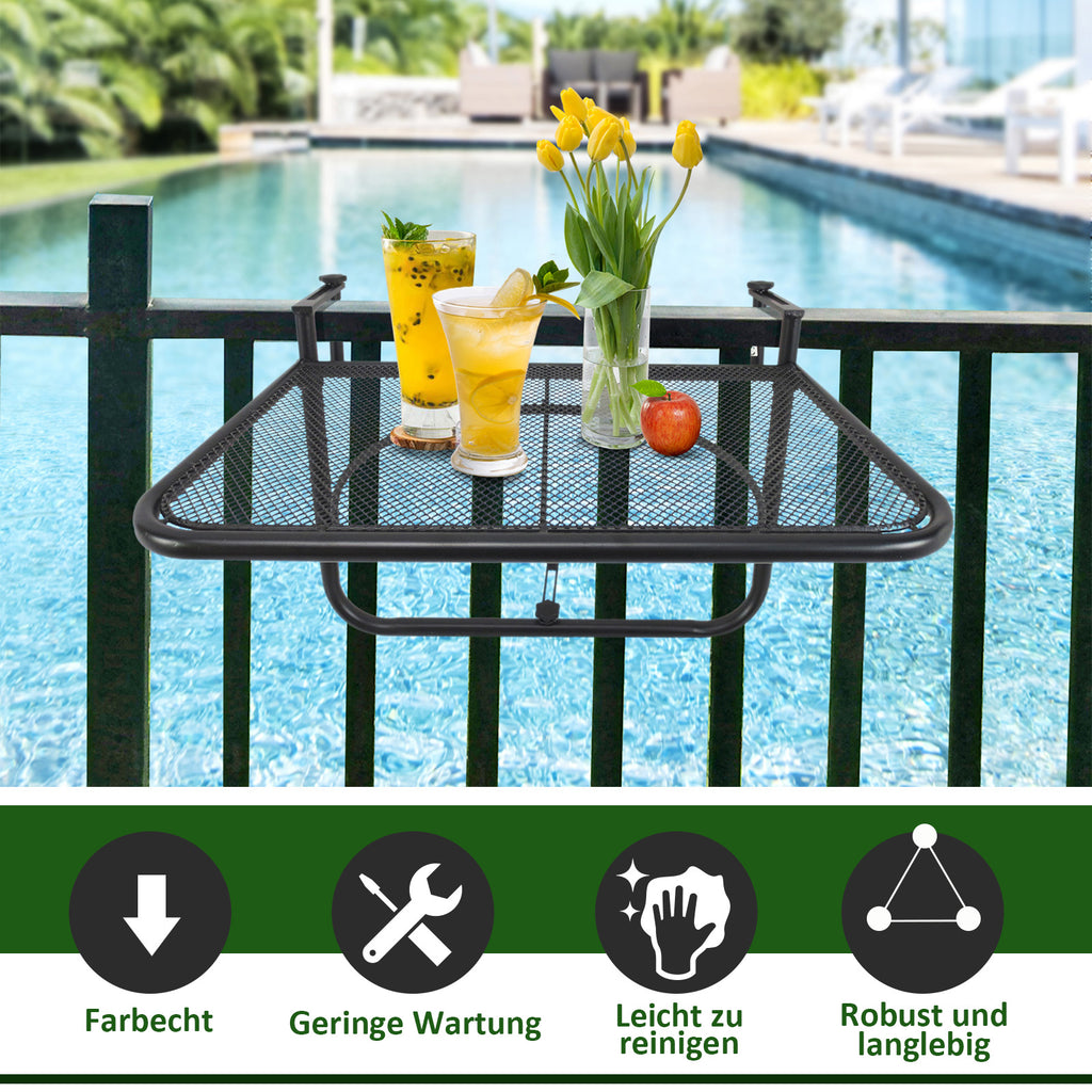 Outsunny Balkonhängetisch Gartentisch höhenverstellbar viereckig Terrasse Metall Schwarz L60 x B56,5 x H45 cm