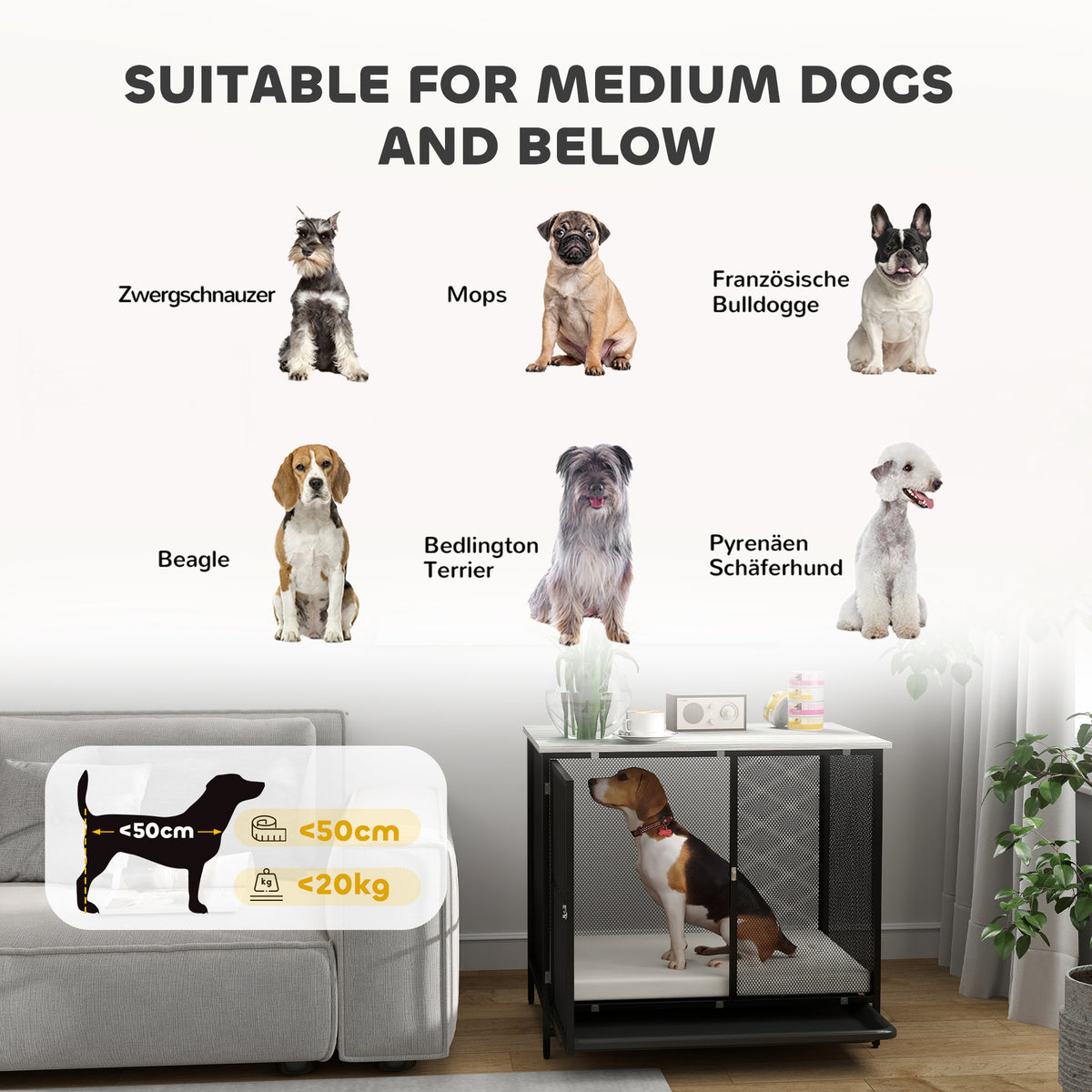 PawHut Hundebox mit gepolsterter Liegefläche, erhöhte Bodenwanne, verstellbare Füße, 80x55x71 cm, Eiche/Schwarz