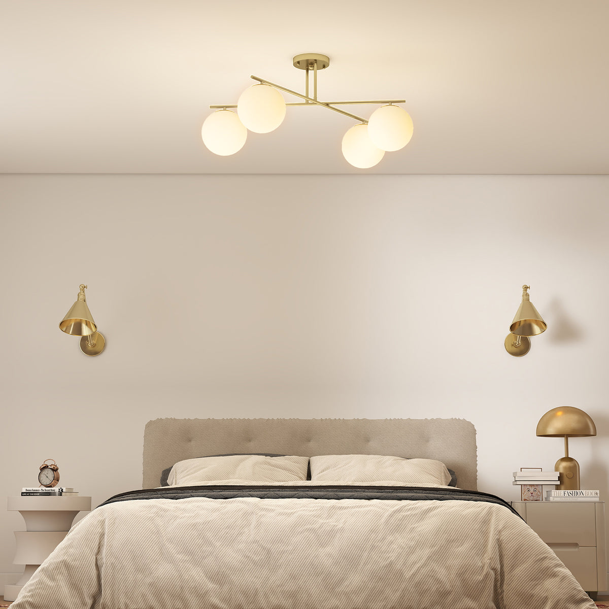 HOMCOM Moderne Deckenleuchte mit 4 Lichtern und E14-Sockel, Pendelleuchte, halbflächenbündige Montage, Goldfarben
