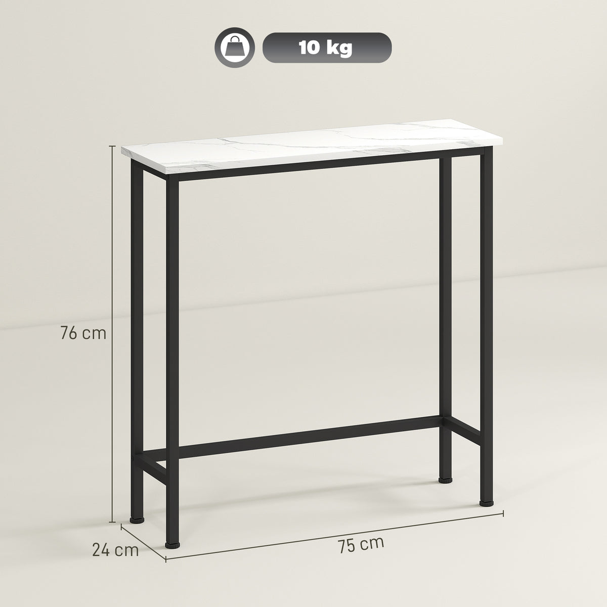 HOMCOM Eingangskonsolentisch Schmal mit Marmorierter Oberfläche und Metallrahmen 75x24x76 cm Weiß und Schwarz