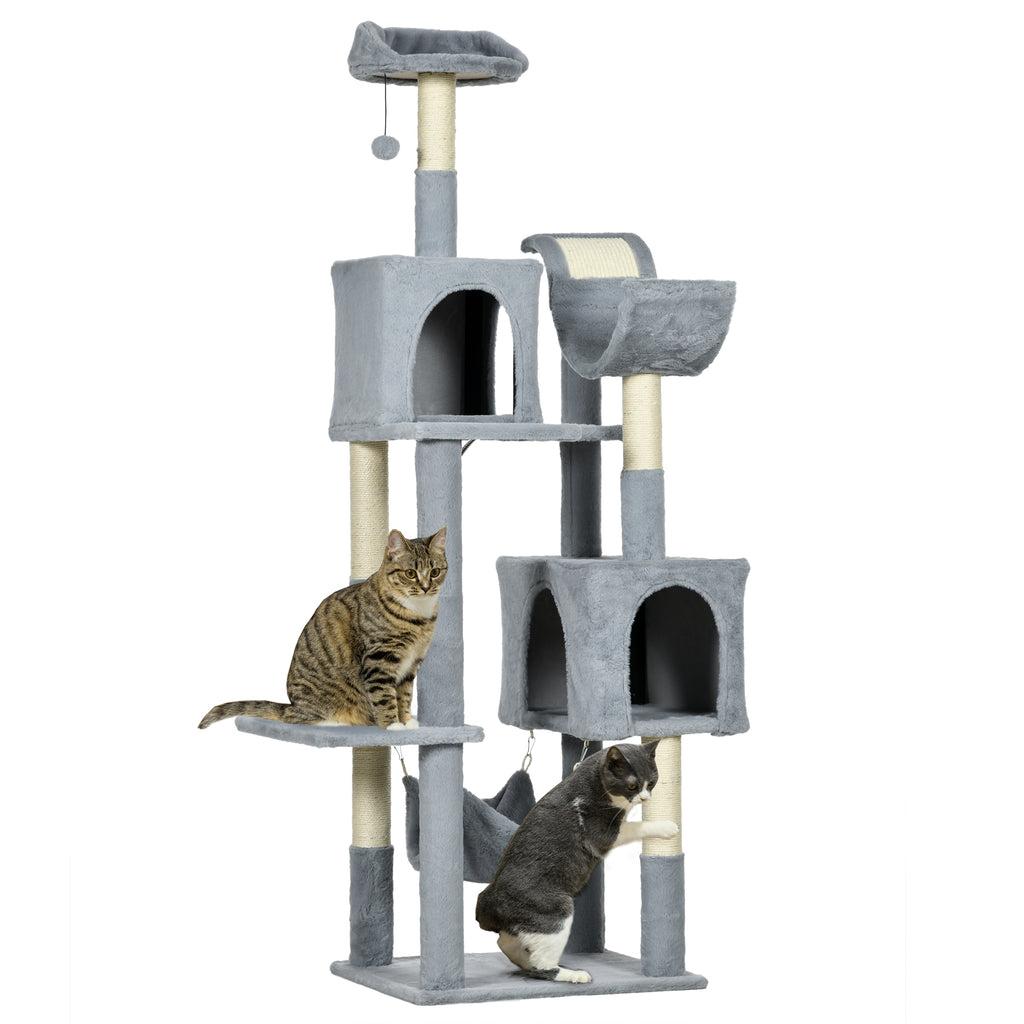 PawHut Kratzbaum für Katzen mit Hängematte, Liegebett und 2 Höhlen, aus Spanplatte und Plüsch, 55x49x177 cm, Grau und Weiß