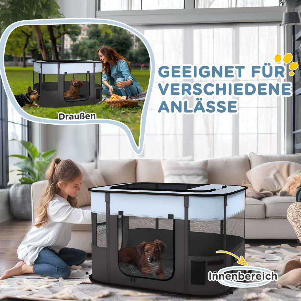 PawHut Spielgehege für Haustiere, faltbar, mit Aufbewahrungstasche, für Welpen und Kätzchen, drinnen und draußen, Grau