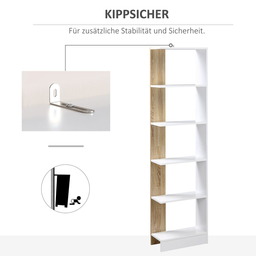 HOMCOM Standregal Bücherregal 5-stufiges Büroregal Lagerregal Aktenregal Küchenregal Spanplatte Eiche+Weiß 45 x 21 x 170 cm