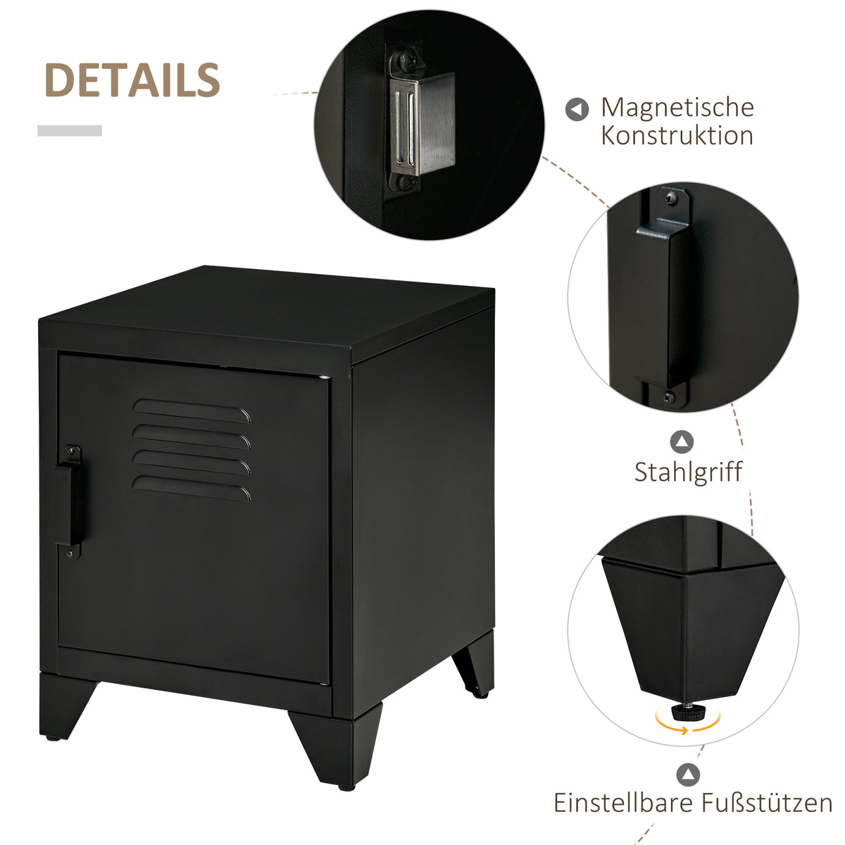HOMCOM Nachttisch, Beistelltisch mit verstellbarem Regal, Tür, Nachtschrank für Schlafzimmer, Wohnzimmer, Metall, Schwarz, 50 x 40 x 47,5 cm