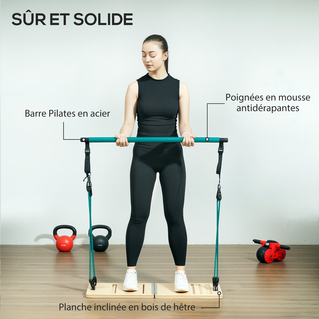SPORTNOW Pilatesstangenset mit verstellbaren Widerstandsbändern und höhenverstellbarer Trittplatte, blaue Trainingsausrüstung