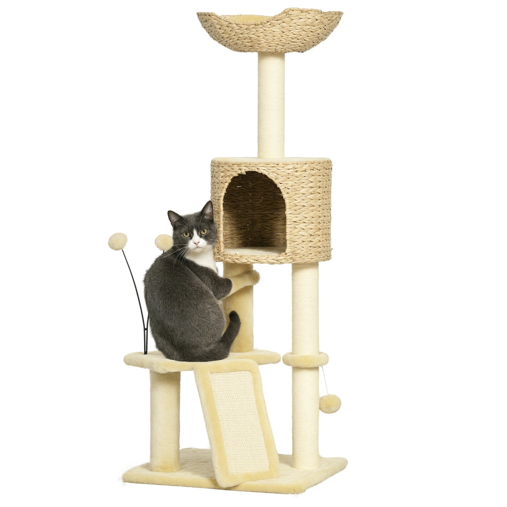 PawHut Kratzbaum mit Katzenhöhle, Liegeplattform, Spielball, 45x40x116cm, Braun/Beige