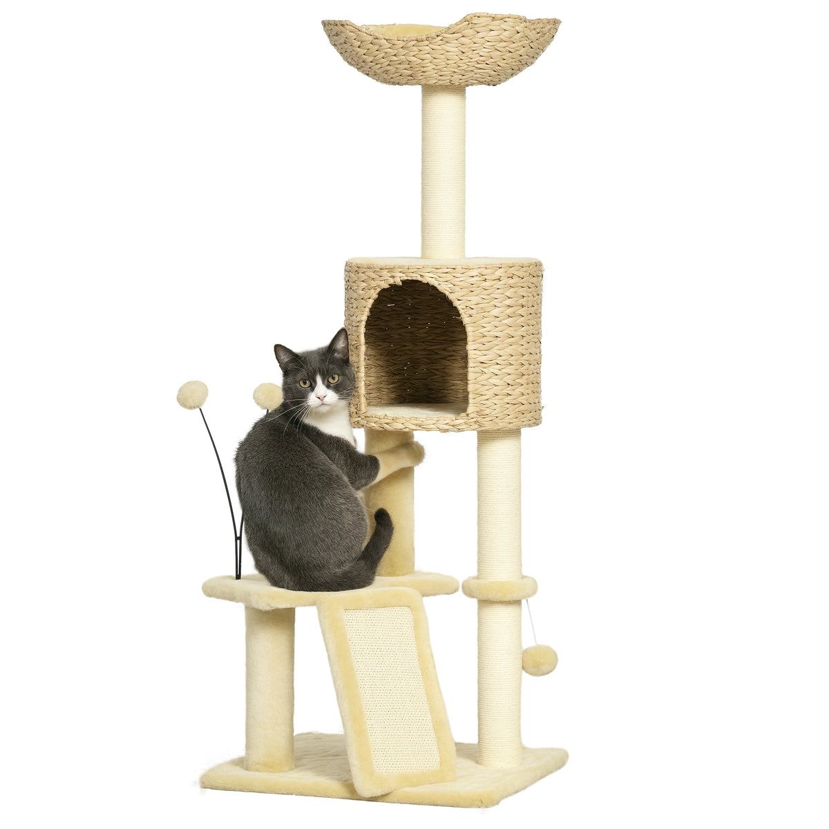 PawHut Kratzbaum mit Katzenhöhle, Liegeplattform, Spielball, 45x40x116cm, Braun/Beige