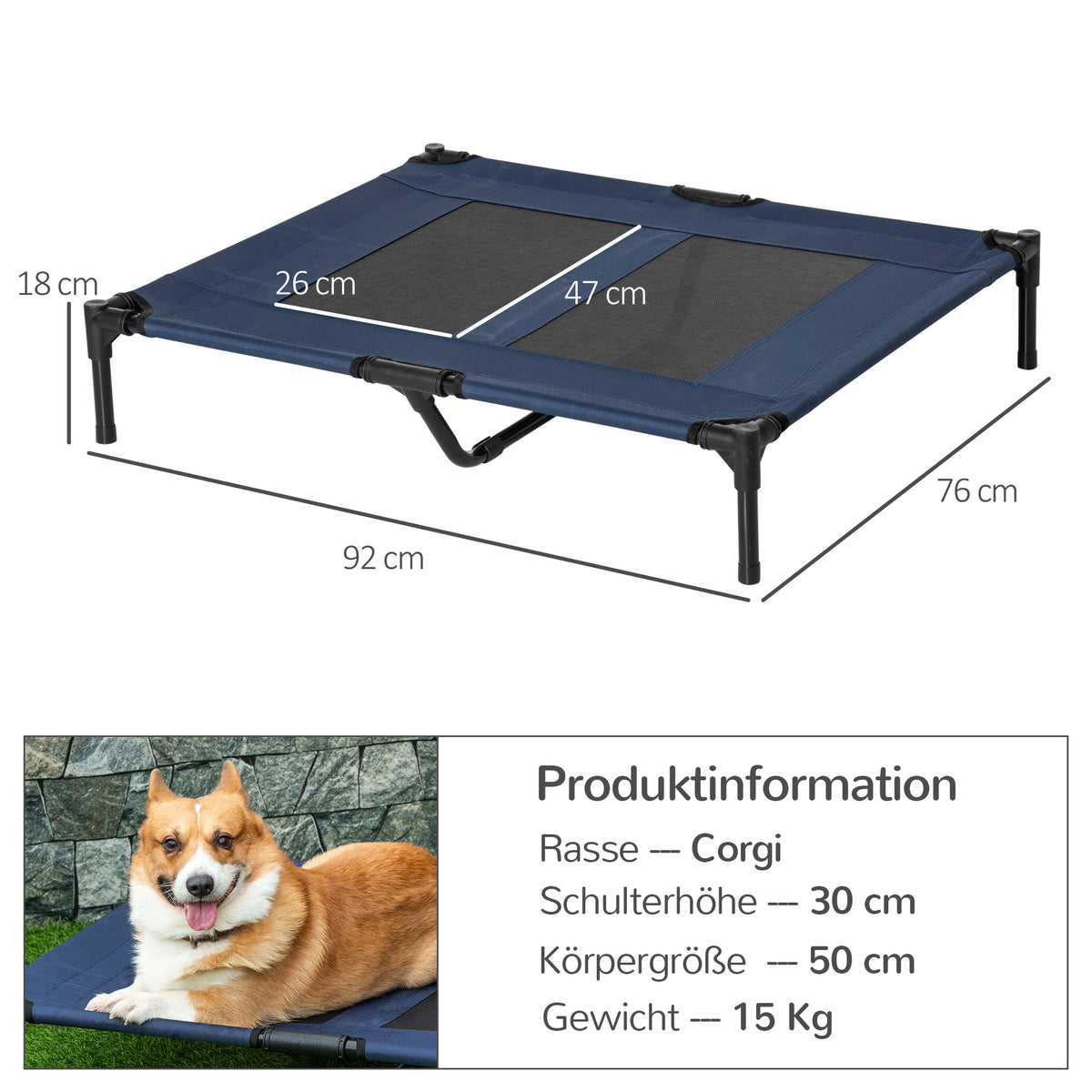 PawHut Hundeliege, Outdoor Hundesofa, Haustierbett, Schlafplatz, Katzenbett, Hundebett, 92 x 76 x 18 cm, Schwarz+Blau
