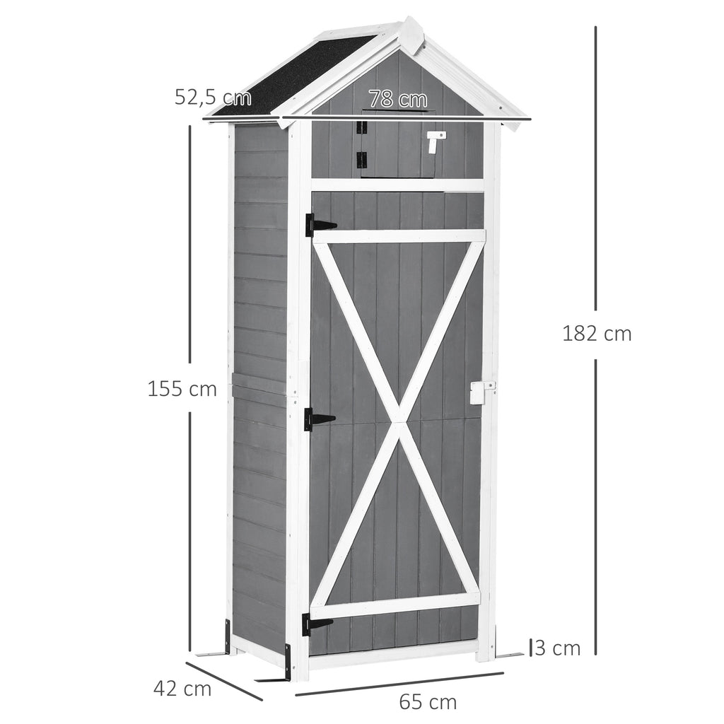 Outsunny Gartenschrank Holz, Geräteschuppen wetterfest 78x52,5x182cm, Gerätehaus mit Tür, Satteldach, Geräteschrank mit Haken, faltbar Tisch, Werkzeugschrank Gartenschuppen für Garten, Terrasse, Grau