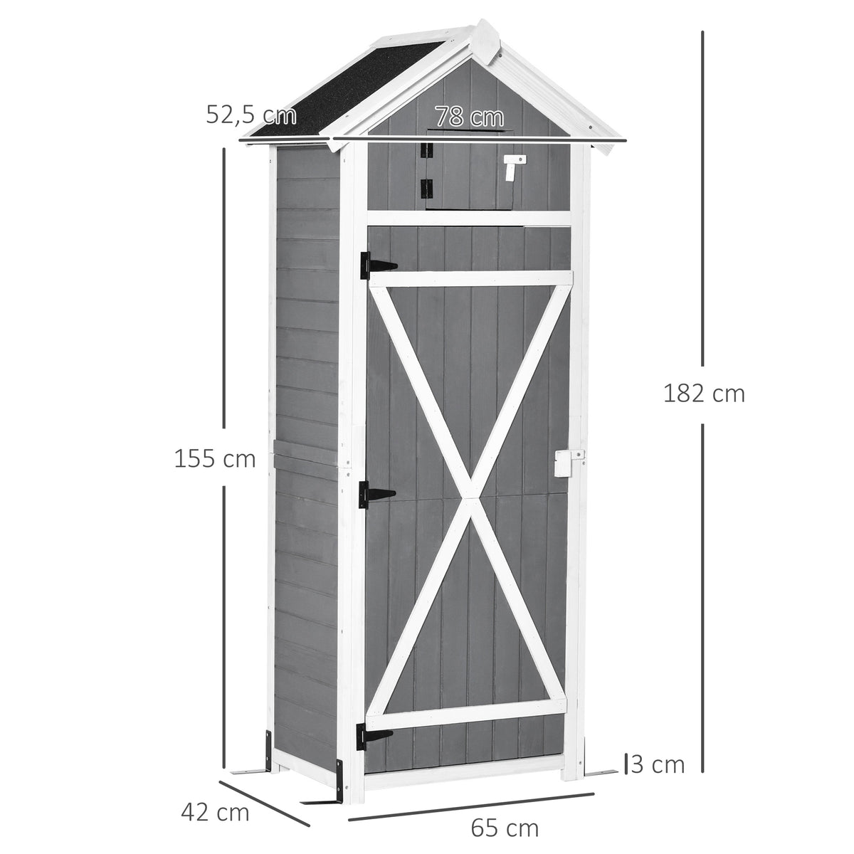 Outsunny Gartenschrank Holz, Geräteschuppen wetterfest 78x52,5x182cm, Gerätehaus mit Tür, Satteldach, Geräteschrank mit Haken, faltbar Tisch, Werkzeugschrank Gartenschuppen für Garten, Terrasse, Grau