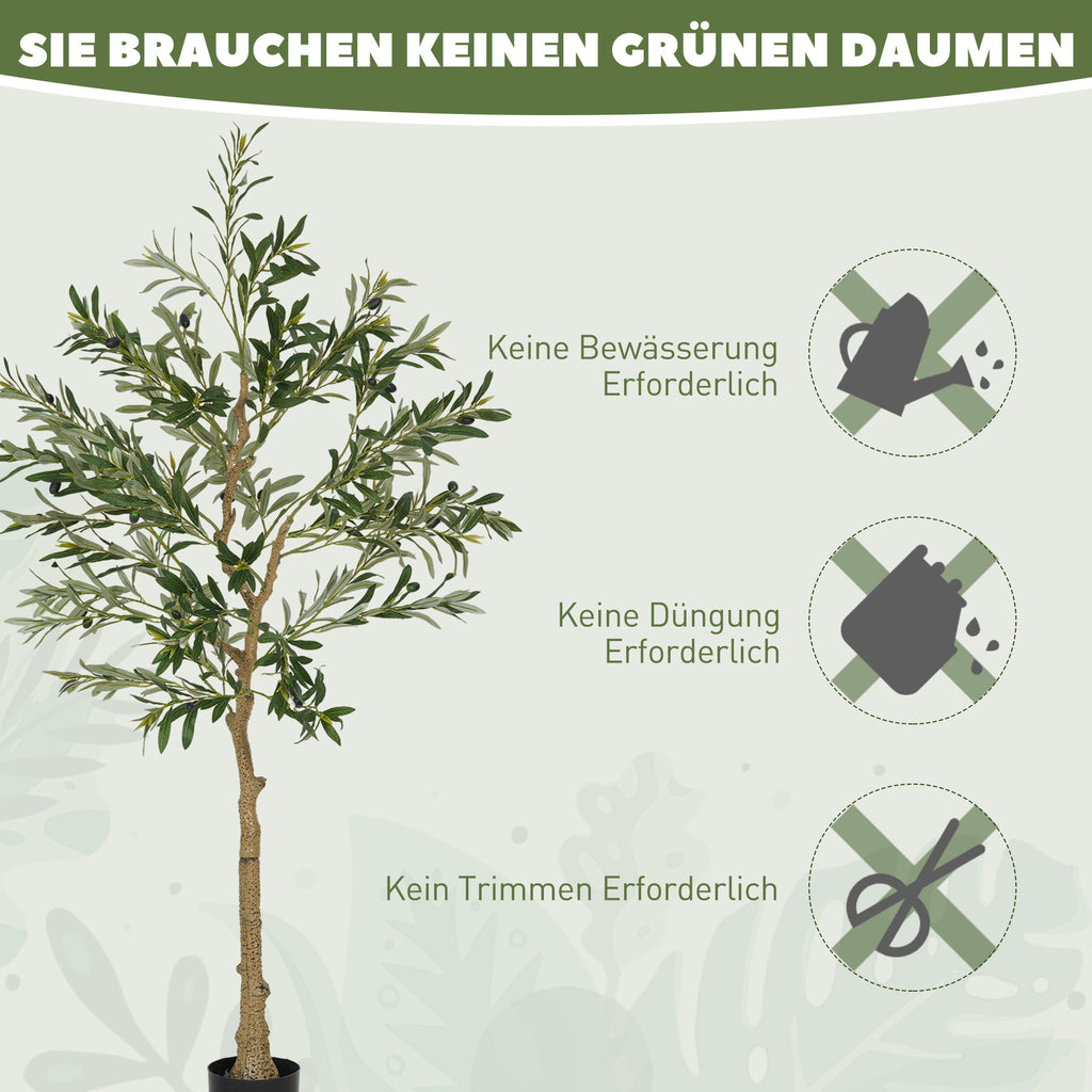HOMCOM Kunstpflanze, Künstlicher Olivenbaum, 150 cm, 720 Blätter, 40 Oliven, stabiler Blumentopf, Dekorationspflanze, Grün