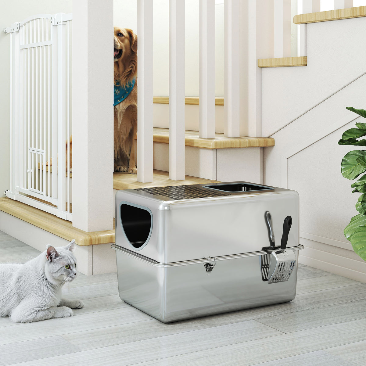 PawHut Katzenklo aus Edelstahl XL Katzentoilette mit Schaufel Doppelöffnungen Leicht zu reinigen Silber