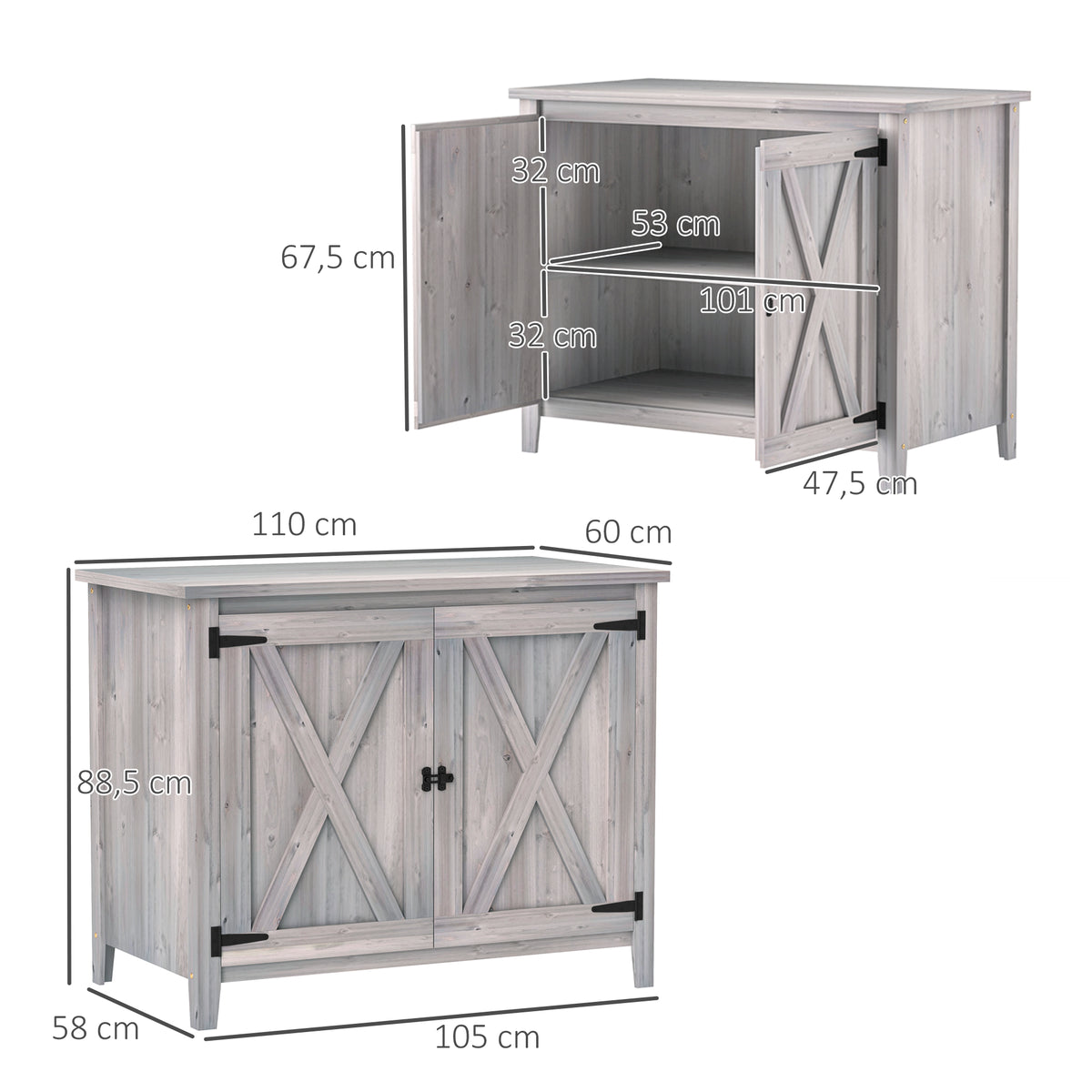 Outsunny Gartenschrank, Holzschrank für Gartengeräte, Outdoor-Schrank für Terrasse, mit Doppeltüren, Scheunendesign, Hellgrau