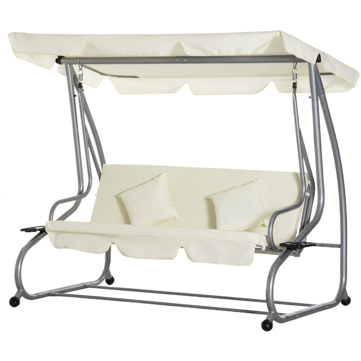 Outsunny Schaukelstuhl 3-Sitzer Gartenschaukel Hollywoodschaukel mit Sitz- und Rückenlehnen Tablett Schwingbank Sitzbank Dachwinkel verstellbar Stahl Polyestergewebe 200 x 120 x 164 cm Beige