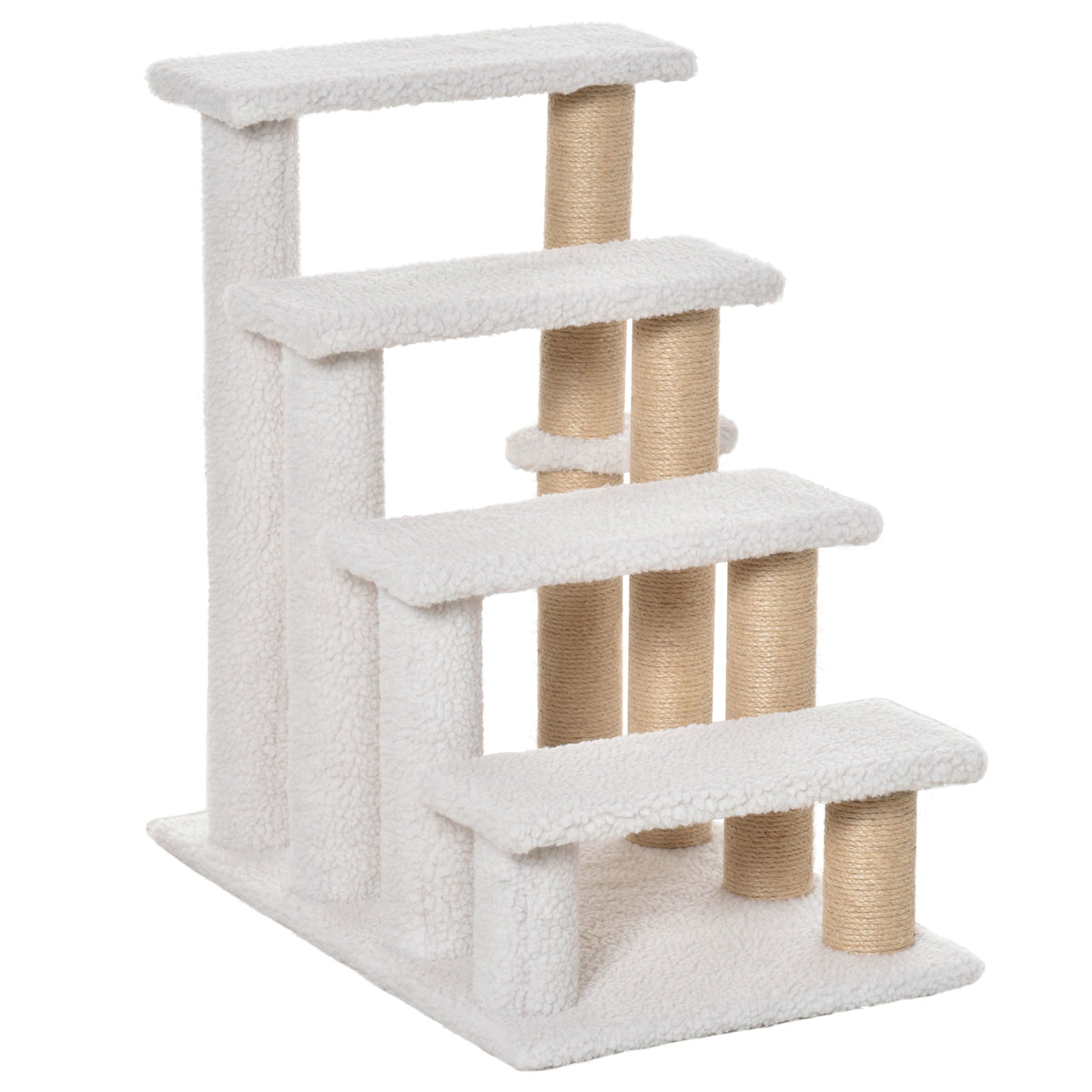 PawHut Katzentreppe 4-stufige Haustiertreppe mit Kratzsäulen Ball Hundetreppe Tiertreppe für Katzen bis 5 kg Plüsch Jute Weiß 60 x 40 x 64 cm