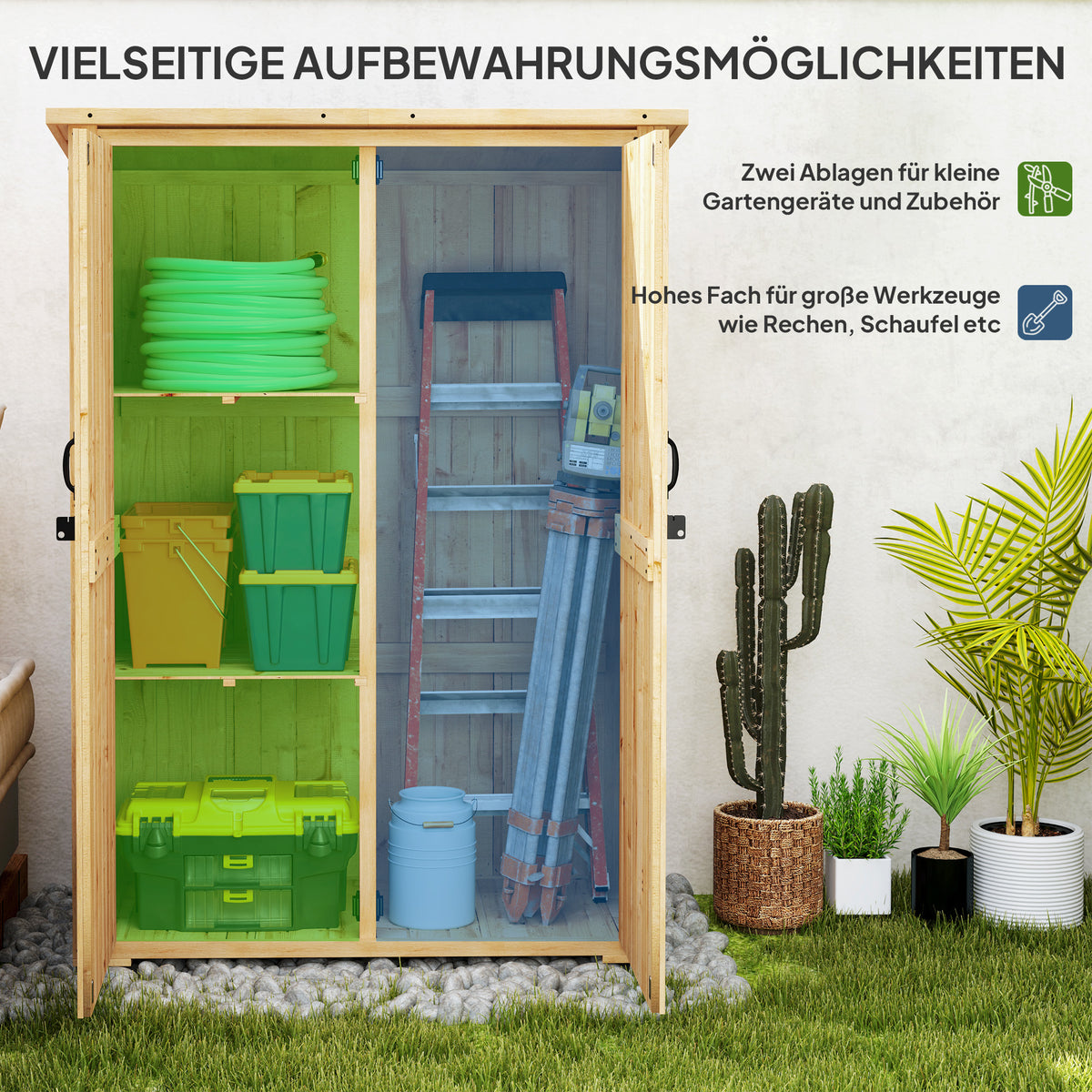 Outsunny Gartenlagerschuppen, Holzschuppen für Werkzeug und Gartengeräte, Asphalt-Dach, Doppeltüren, Fichtenholz, Hellbraun