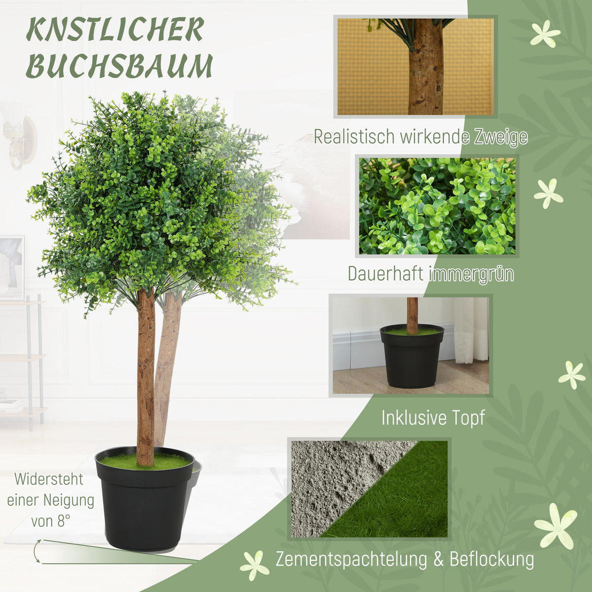 HOMCOM Künstliche Buchsbaum 90cm Kunstpflanze, Plastik Künstliche Pflanzen im Topf für Wohnzimmer