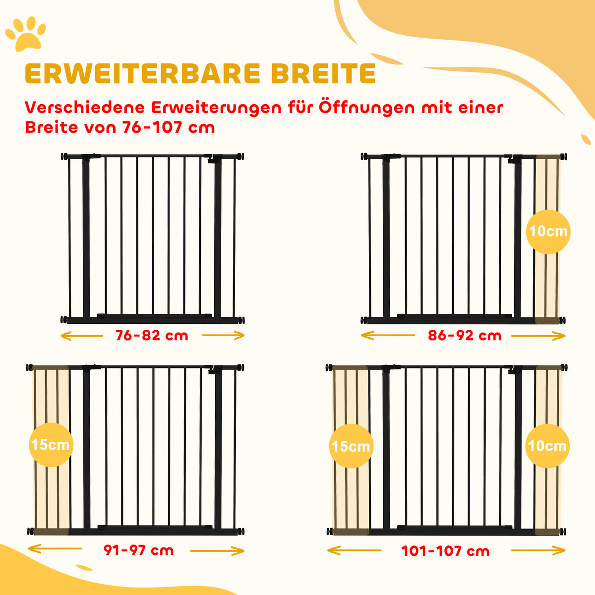PawHut Hunde-Absperrgitter, erweiterbar, Klemmmontage, Stahl, 76-107 x 76 cm, Schwarz