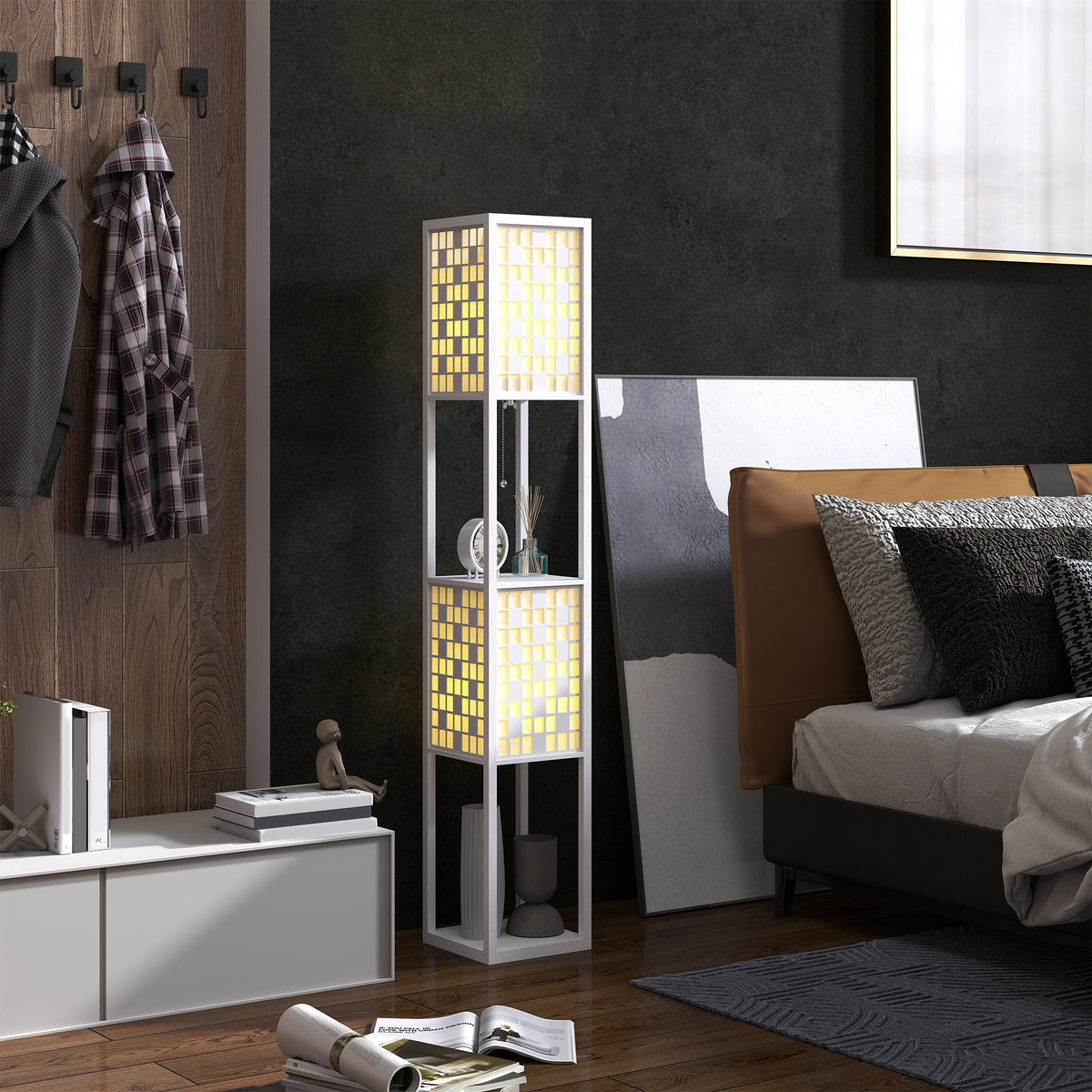 HOMCOM Stehlampe, Gittermuster, 2-Ebenen-Regale, für verschiedene Glühbirnen, Weiß