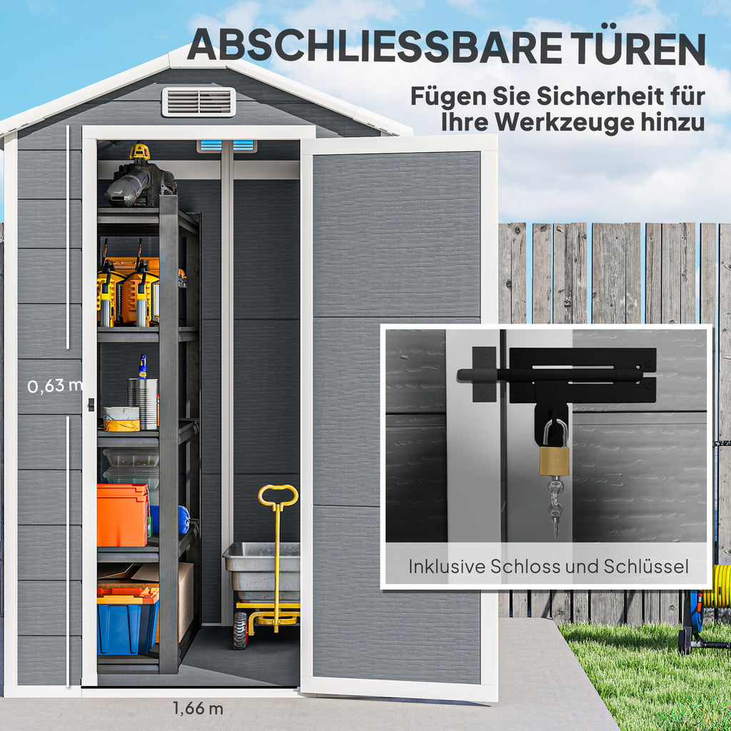 Outsunny Gartenschuppen, Kunststoff-Gartenhaus mit Boden, Fenster, verschließbare Türen, für Garten, 131B x 186T x 198H cm, Grau
