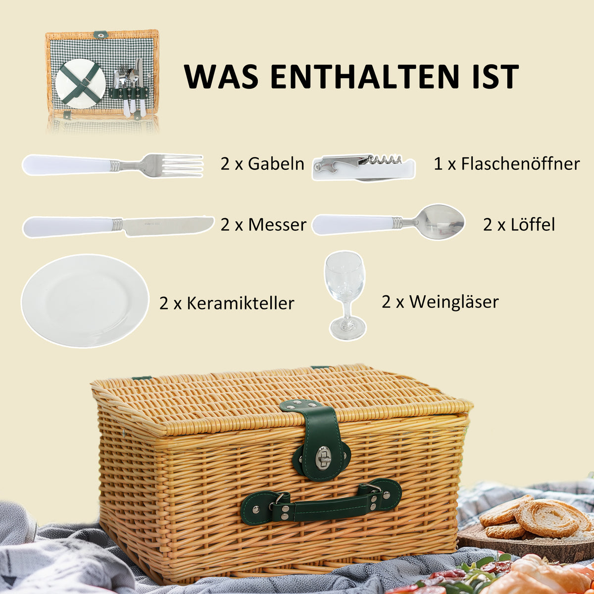 Outsunny Picknickkorb aus Weidenholz Picknickkoffer für 2 Personen mit Isoliert Kühlfach Besteck Set Hellbraun