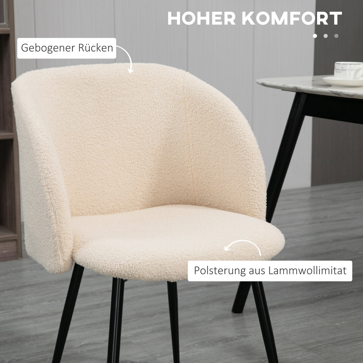 HOMCOM 2er-Set Esszimmerstühle, Polsterstühle mit Stoffbezug, Küchenstühle mit Stahlbeinen, gewölbte Rückenlehne, Cremeweiß