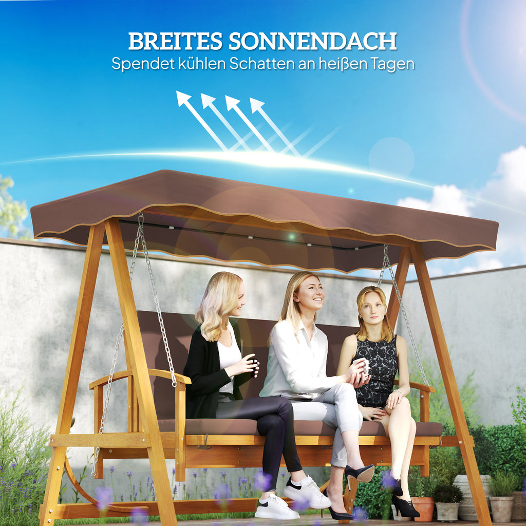 Outsunny Hollywoodschaukel mit Sonnendach, Echtholz-Gartenschaukel, Schaukelbank mit Liege-Funktion, für 3 Personen, Braun