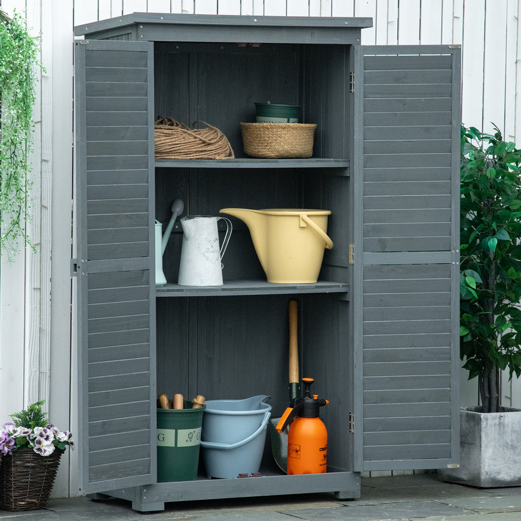 Outsunny Gartenschrank Holz Gerätehaus Geräteschuppen Geräteschrank Holzhütte Pultdach Bitumenpappe Lamellentüren Grau 87 x 46,5 x 160 cm