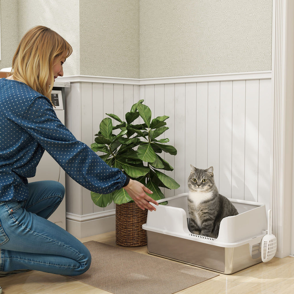 PawHut Katzentoilette mit erhöhten Rändern, Tropfschale und Schaufel, aus Edelstahl und PP, 60x40x28 cm, Hellgrau