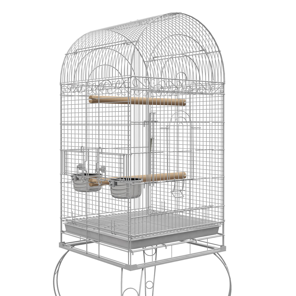 PawHut Vogelkäfig auf Rollen mit Regal herausnehmbarem Tablett 2 Näpfen Sitzstange Edelstahl 51 x 51 x 153 cm weiß