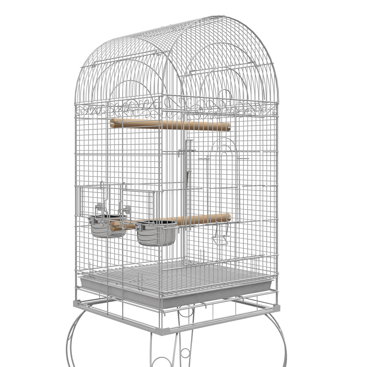 PawHut Vogelkäfig auf Rollen mit Regal herausnehmbarem Tablett 2 Näpfen Sitzstange Edelstahl 51 x 51 x 153 cm weiß