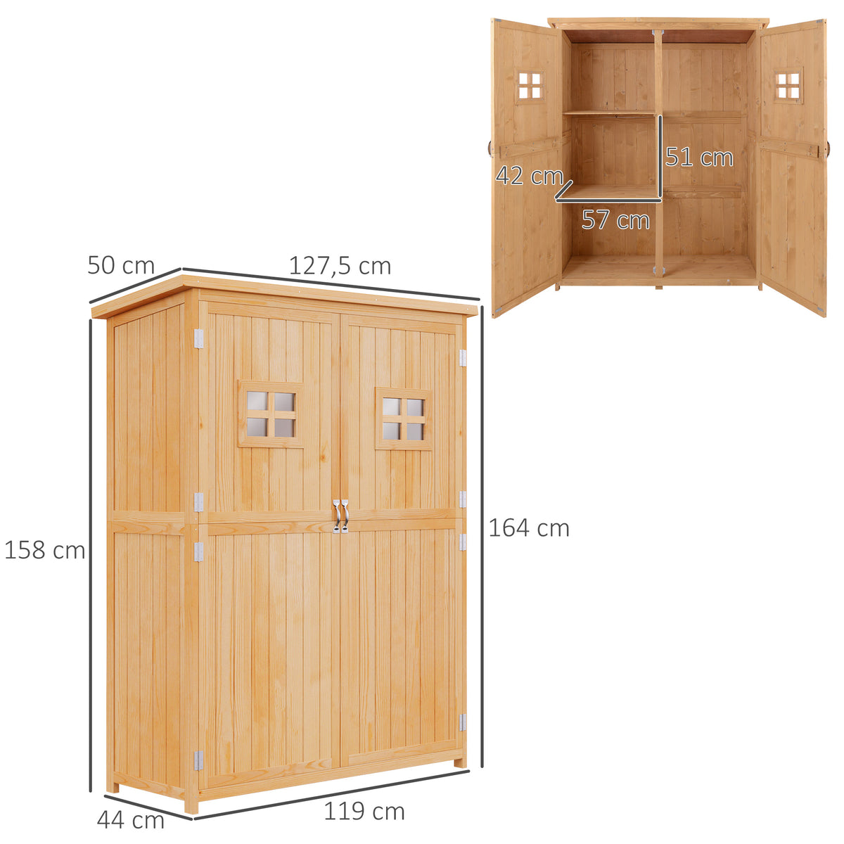 Outsunny Gartenschrank Holz Geräteschuppen Gerätehaus Geräteschrank Pultdach Garten Natur 127,5x50x164cm